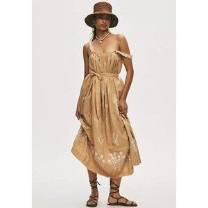 Anthropologie MOTHER More Is More Sleeveless Maxi Dress Sze XL Khaki Embroidered
